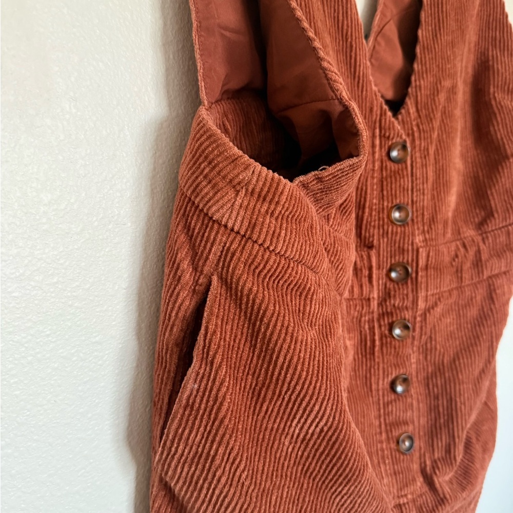Lulu's Rust Orange Corduroy V-Neck Jumper Dress | XL - Picture 3 of 5